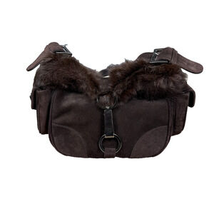 Stuart Weitzman Dark Brown Suede Fur Trim Shoulder Bag Front Clip